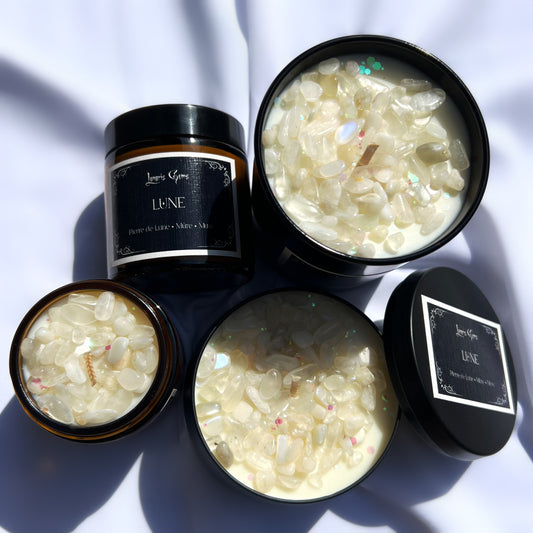 Bougie Lune / Collection Stellaire / Vegan / Pierre de Lune / Aromatisée Mûre et Musc