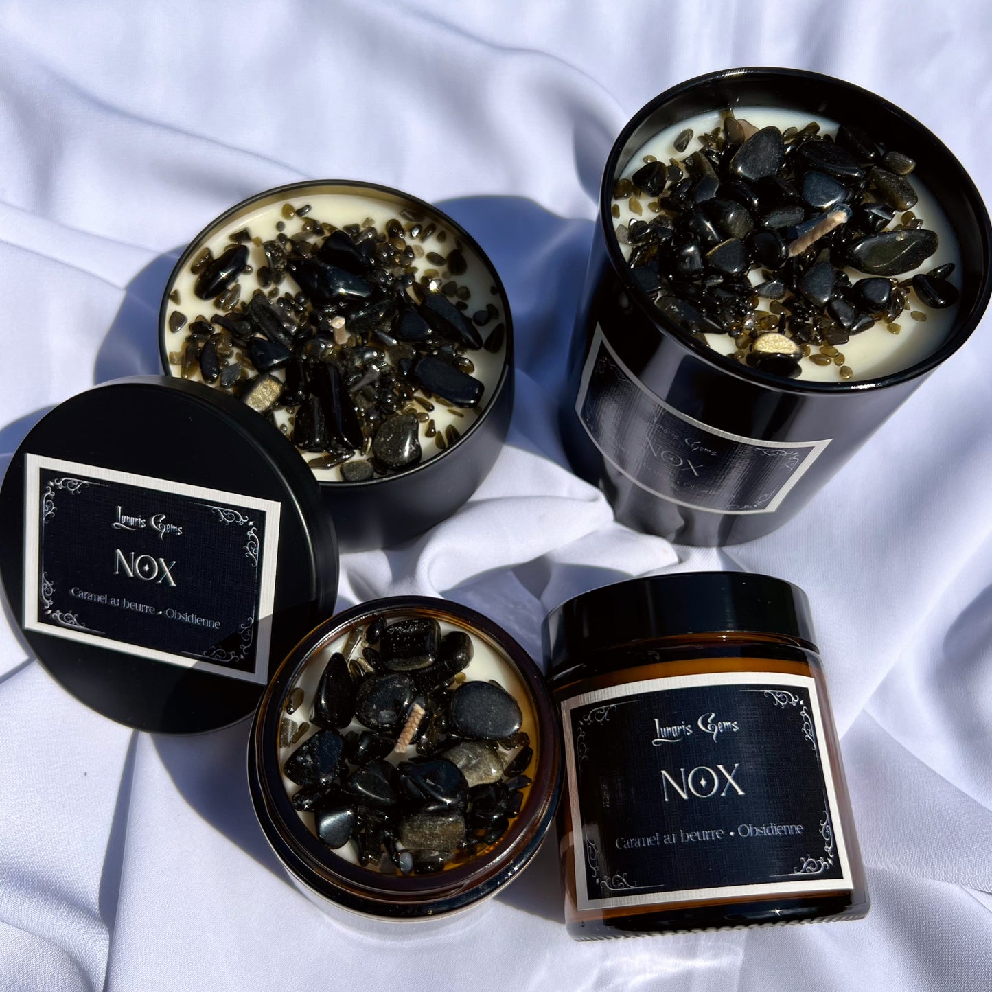 Bougie Nox / Collection Magie / Vegan / Obsidienne / Aromatisée Caramel au Beure