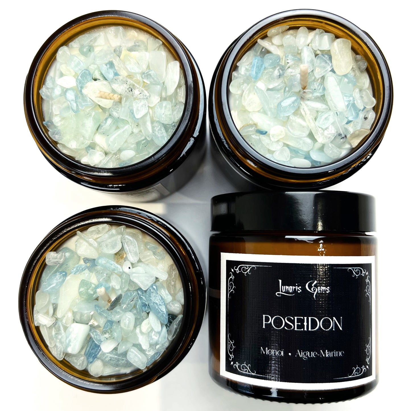 Bougie Poseidon / Collection Mythologie / Vegan / Aigue-marine / Aromatisée Monoï